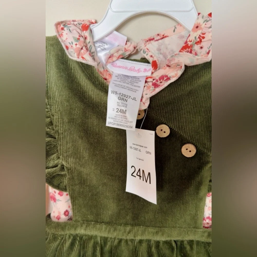 Bonnie Baby Olive Dress with Floral Accents - Picture 2 of 3